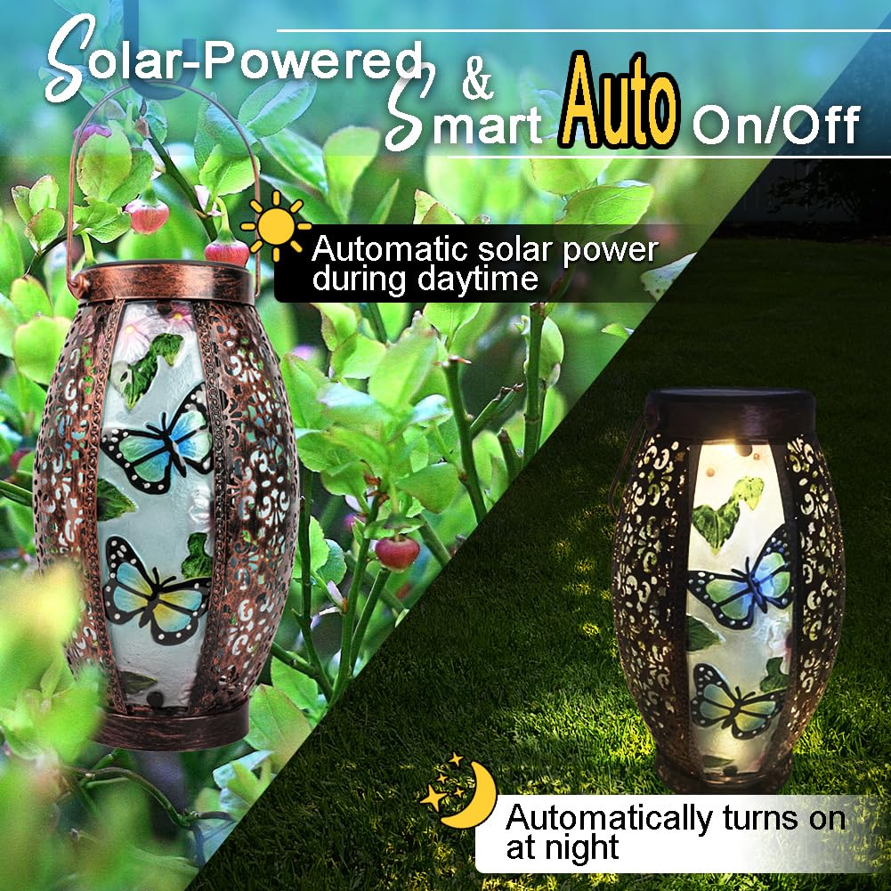 TEYIGARDEN Butterfly Solar Lanterns Glass & Metal Hanging Lantern Outdoor Waterproof 16" H Tabletop Light with Hollowed-Out Design for Garden Patio Table Decor Mother's Day Gift