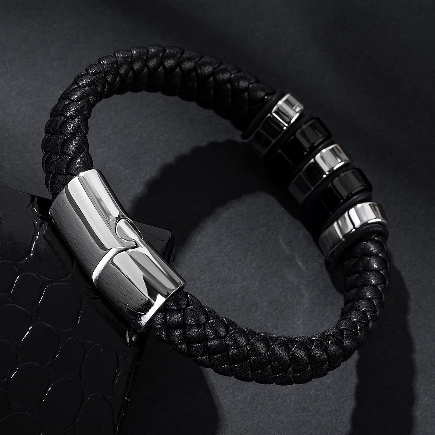 LJWVX Mens Black Leather Bracelets,Braided Leather Wristband Cuff,Stainless Steel Clasp,Bracelet Gift for Dad