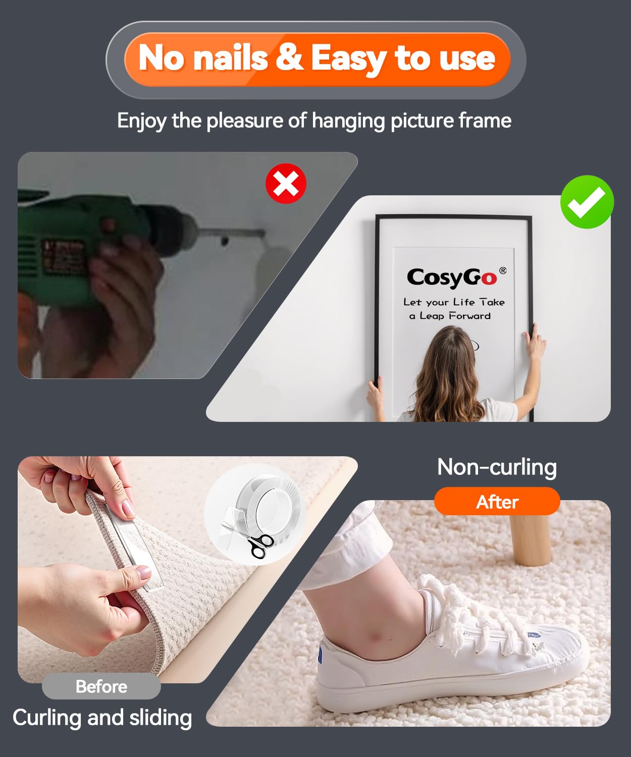 Cosygo Strong Heavy Duty Double Sided Tape, 1.2" x 20FT Extra Large Clear & Tough Removable Nano Tape for Wall Hanging Strip Poster Deco Rug