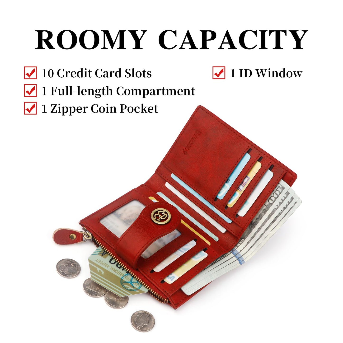 Blucoay Leather Wallet Women,RFID Blocking Small Wallet for Women Bifold Compact Slim Wallet Card Holder With Zipper Coin Pocket(Red)