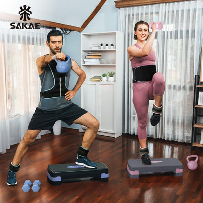 Green Black Exercise Step Platform Set with Kettlebell & Measuring Tape, Adjustable Height 2 Level Risers Workout Step Trainer, Aerobic Steppers for Home Gym Exercise Fitness Workout