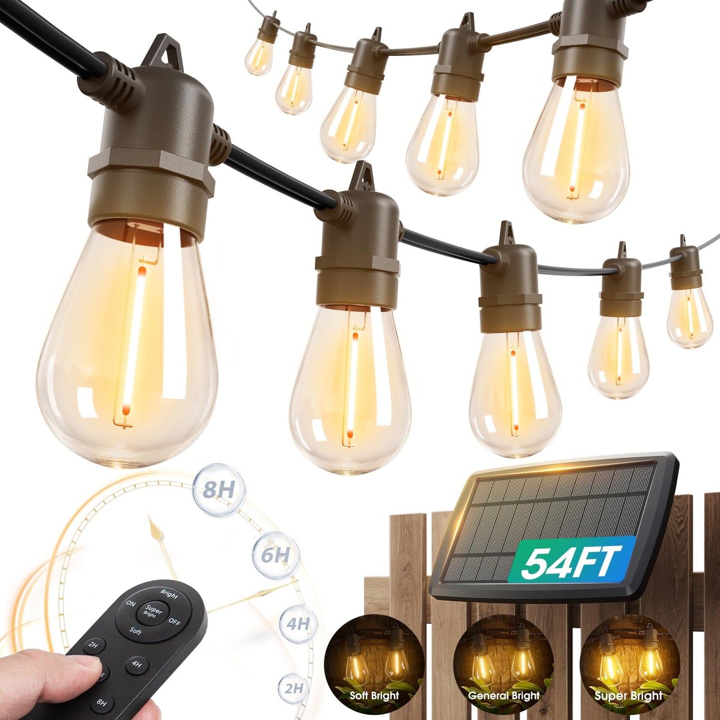 KYY 54FT Solar String Lights Outdoor Waterproof with USB Charging & Remote, Dimmable & Timable, Solar Powered Patio Lights with LED Shatterproof Bulbs for Deck Backyard Porch Garden Camping