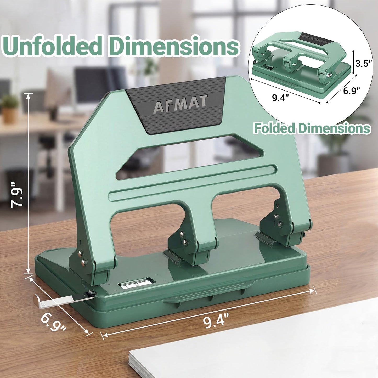 AFMAT Heavy Duty 3 Hole Puncher, 40-Sheet Three Hole Punch Heavy Duty, 50% Reduced Effort Paper Punch, 10K+ Uses, Metal Hole Puncher 3 Ring w/Large Tray, Bulit-in S.S. Paper Guide HPX2(Green)