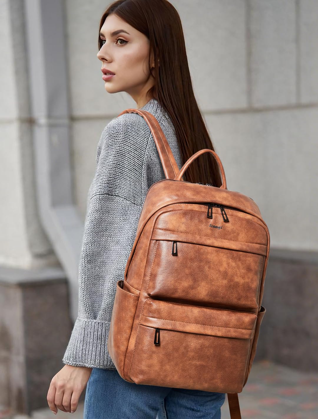 tiamyi Vegan Leather Backpack for Women and Men, Fits 16.0 Inch Laptop, Multi-Pocket Design with Water Bottle and Luggage Strap, Ideal for Work, Travel, and Daily Use, Brown