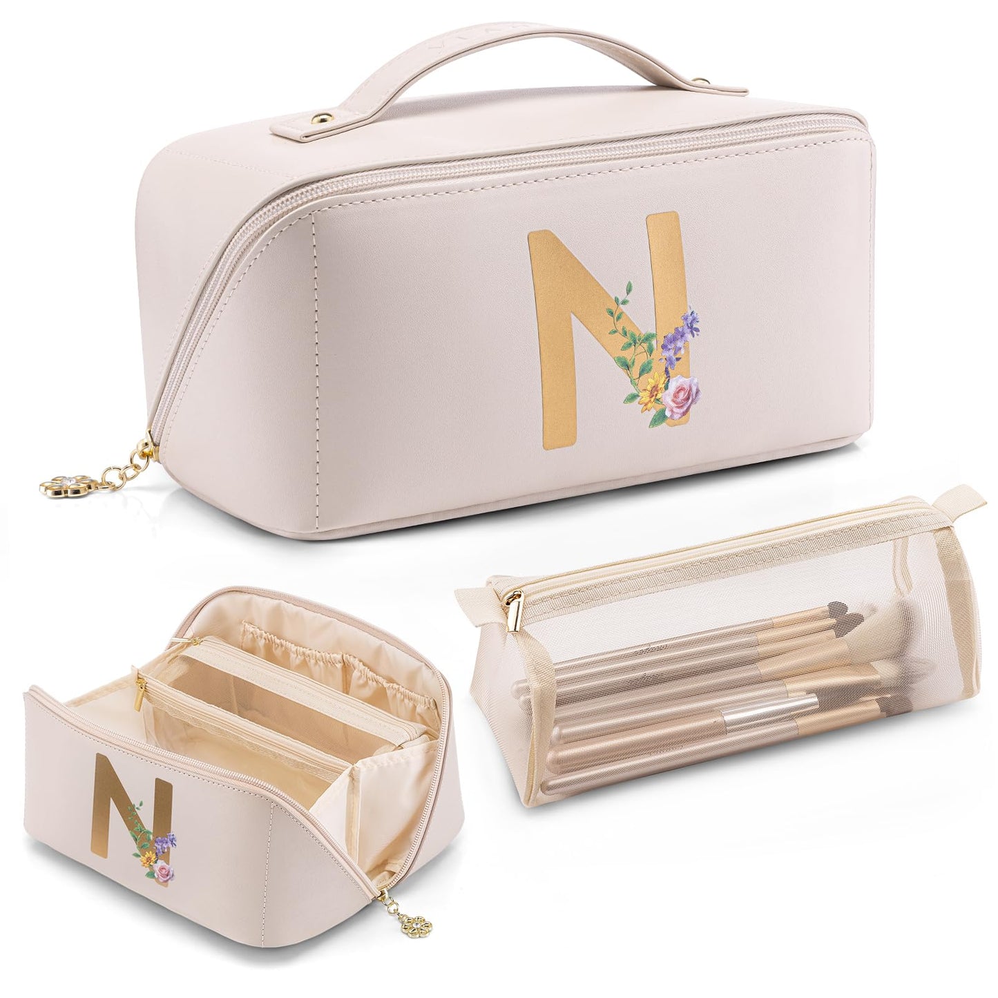 VLANDO Gift Ideas for Women,Large Makeup Storage Bag,Birthday Gifts for Girls,Travel Toiletry Bag Skincare Bag for Women Girlfriend Wife Bridesmaid Teenage(Letter N)