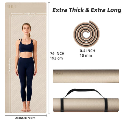 ILILI Yoga Mat 10mm Extra Thick and Extra Long, 76x28×0.4 Inch, Double Color Non-Slip TPE Material, Easy Carrying with Strap, Ideal for Yoga, Pilates, Floor Exercise, Home and Outdoor Use, Eco Friendly (Beige+Brown)