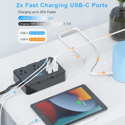 Flat Plug Power Strip Surge Protector, 5ft Ultra Thin Extension Cord with 4 USB Wall Charger(2 USB C Port), 6 Widely-Spaced Outlets Power Strip Compact for Travel, Office, Dorm Room Essentials (White)