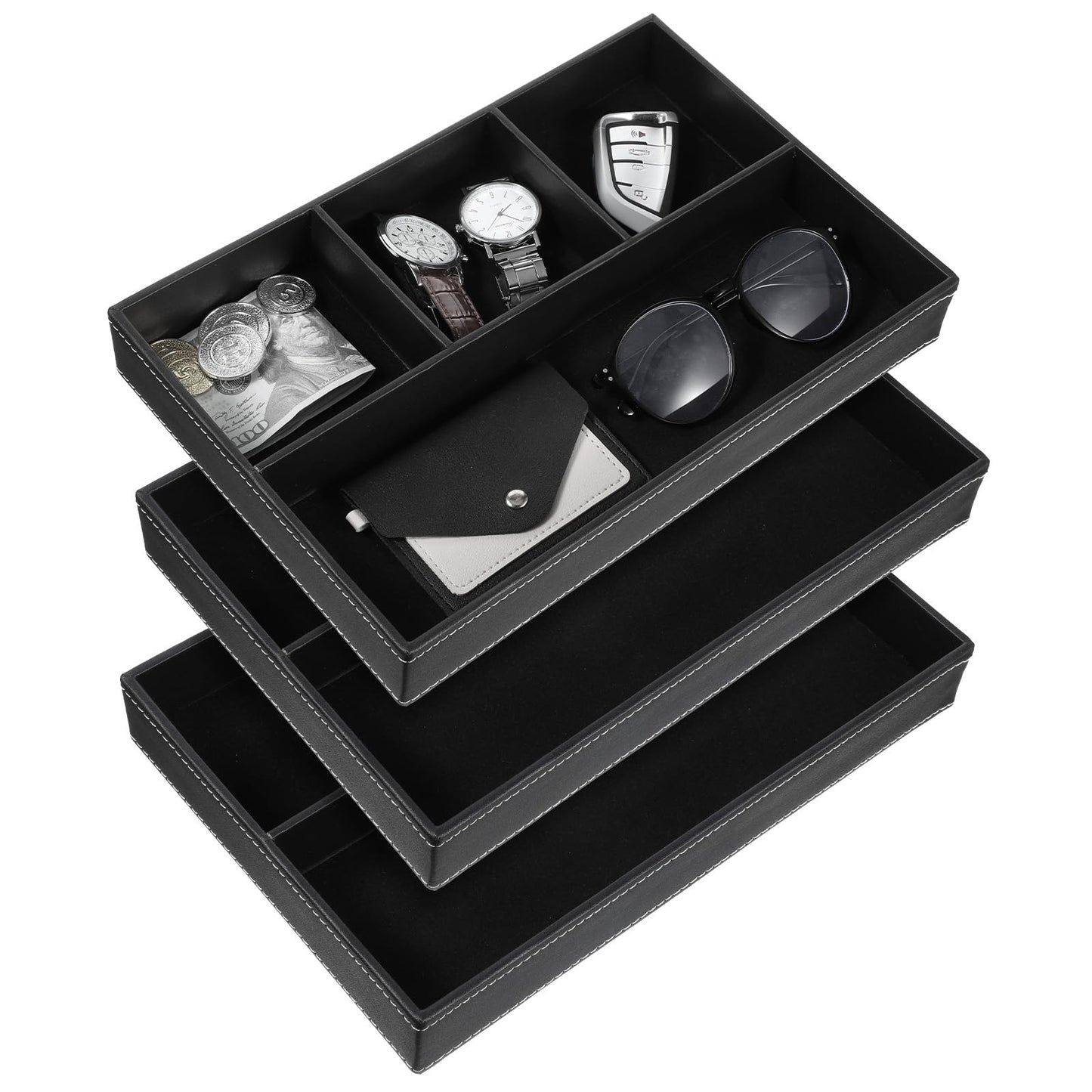 Giloaou 3 Pieces Faux Leather Valet Tray Set, Stackable Jewelry Organizer with Soft Lining, Dresser Storage Box for Nightstand, Key, Wallet, Watch, Phone, Sunglass, Coin, Black