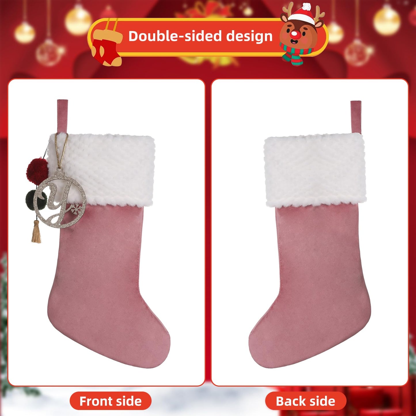 Pxniy Personalized Gold Wooden Initial Christmas Stocking, 19.5 inches Velvet Christmas Stocking with pom poms,Christmas Decorations for Xmas Fireplace Holiday Party(Pink A)