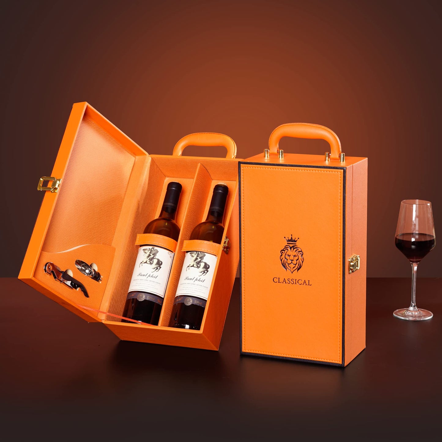 HiCrast Wine Box with 2 Bottle Leatherette Top Handle Premium Wine Carrier Case Orange