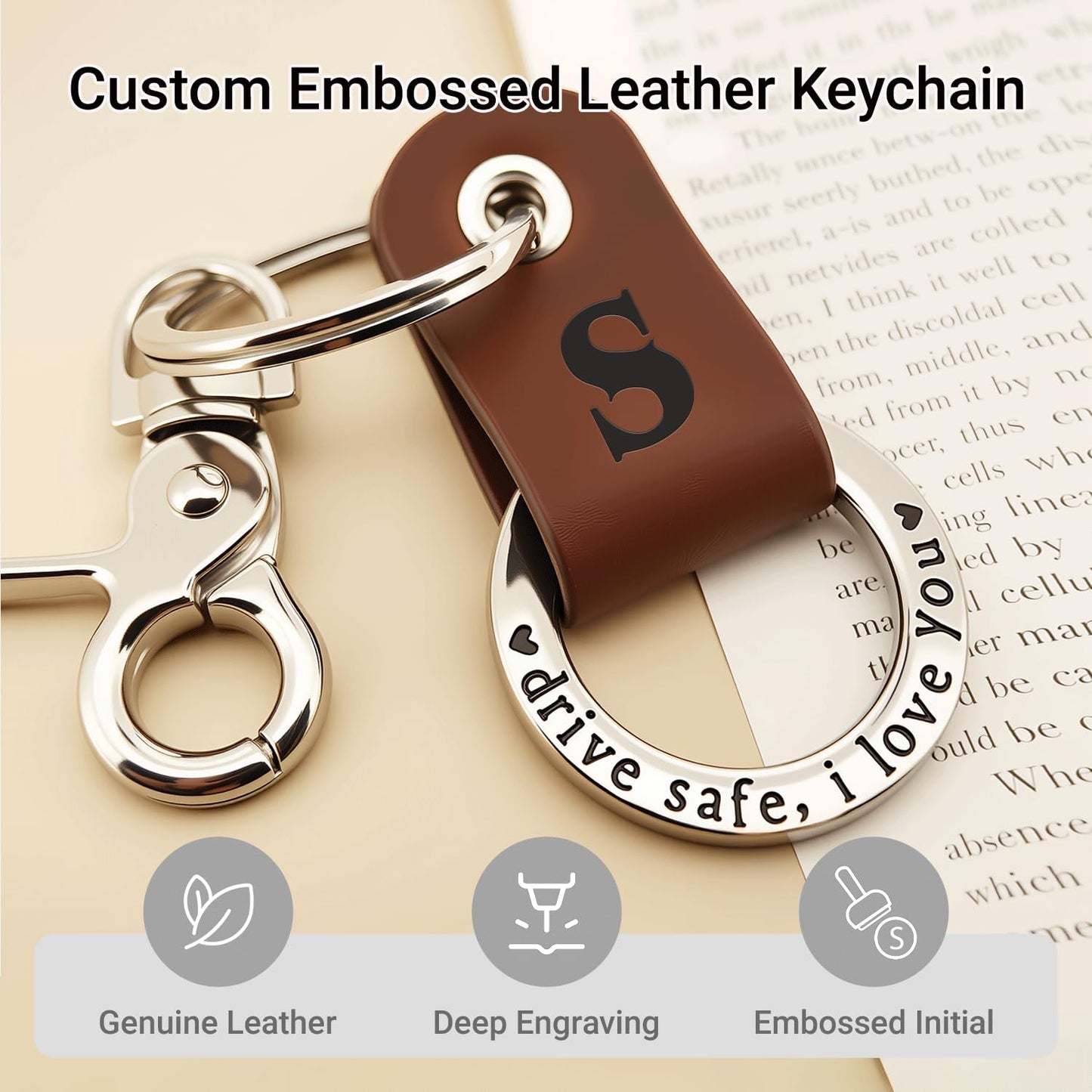 Japrex Embossed Leather Keychain, Personalized Keychain For Him, Engrave with Name Initial, Birthday Gift for Him, Dad, Boyfriend, New Driver Gifts, Couple Keychains (Initial S)