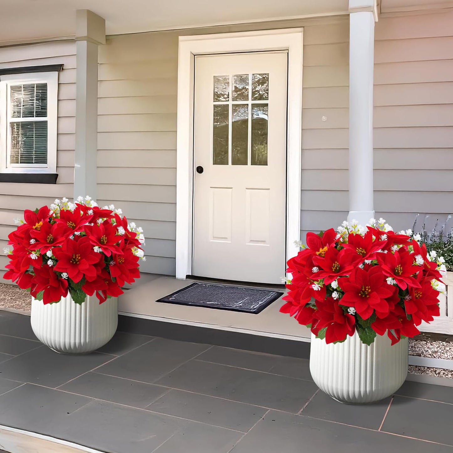 MATBAR Christmas Artificial Flowers for Outdoors Red Poinsettia Flowers Artificial 12 Bundles Mixed UV Resistant Faux Flowers for Outdoor Planters Garden Porch Patio Home Winter Decor