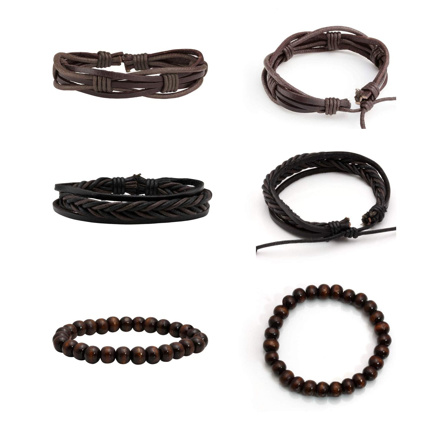 MILAKOO 6 Pcs Brown Braided Leather Bracelets for Men Women Cuff Wrap Wristbands