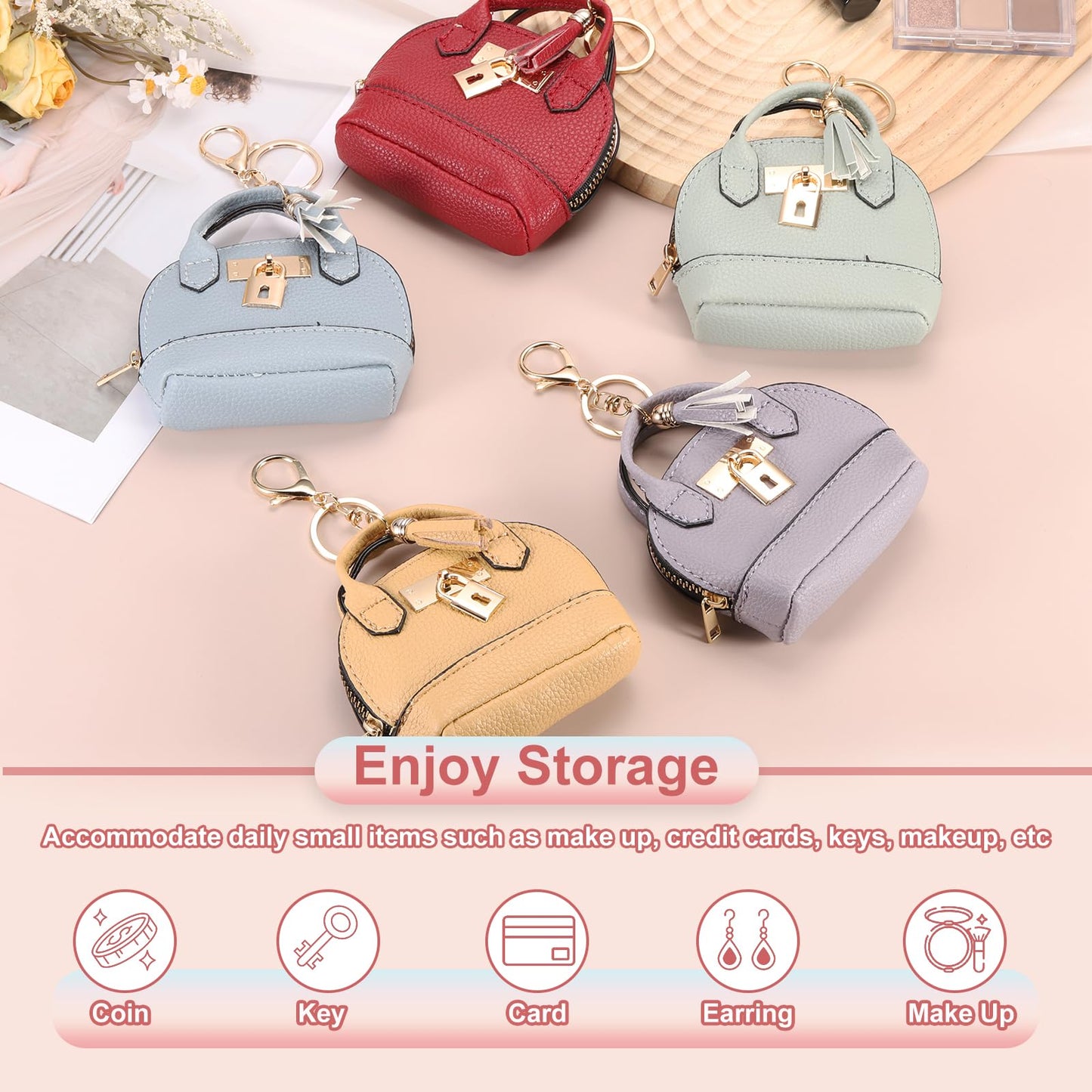 PATIKIL Mini Tote Bag Keychain, 2 Pcs Cute Coin Purse Keychain PU Leather Backpack Purse Key Chain Little Cosmetic Bag Keychains for Women Makeup Card Data Cable, Earthy Yellow