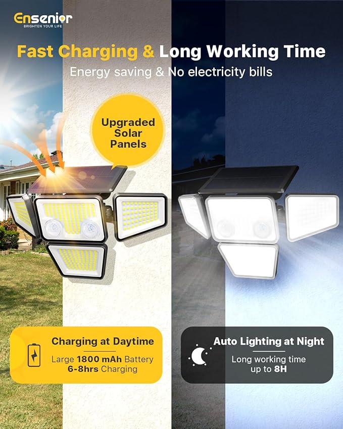 Ensenior Solar Lights Outdoor, IP65 Waterproof Motion Sensor Outdoor Light with Remote Control, 279 LED 4 Heads Solar Security Light with 4 Mode, 270° Wide Angle Solar Flood Light for Outside, 3 Packs