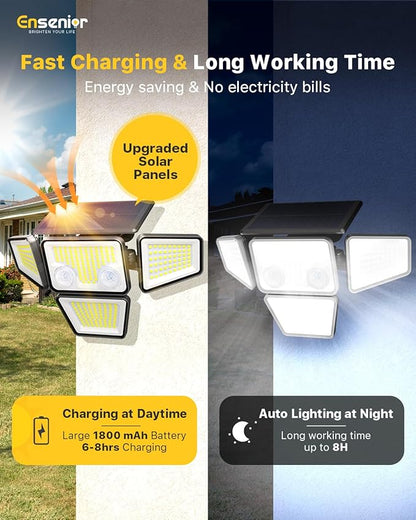 Ensenior Solar Lights Outdoor, IP65 Waterproof Motion Sensor Outdoor Light with Remote Control, 279 LED 4 Heads Solar Security Light with 4 Mode, 270° Wide Angle Solar Flood Light for Outside, 3 Packs