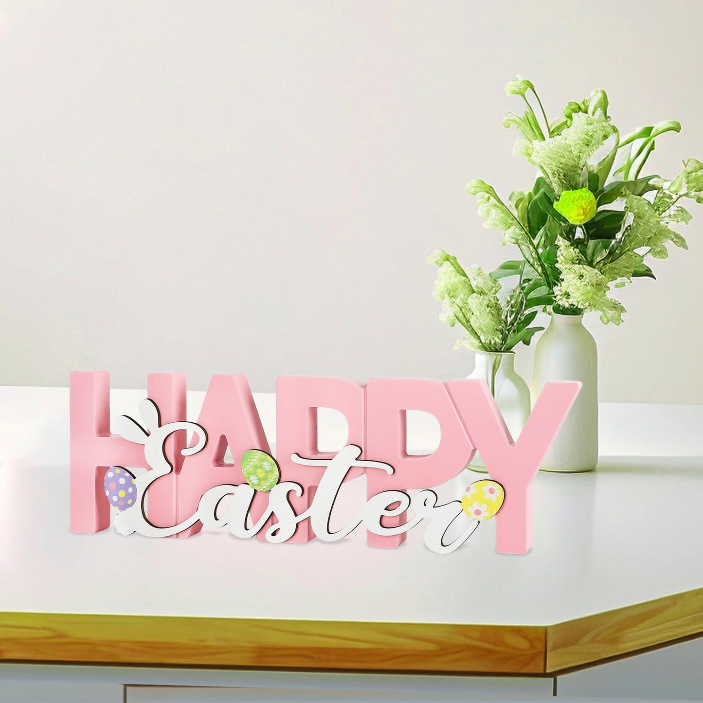COCHIE Wooden Happy Easter Sign, Spring Decorations for Home, Office, Shelf, Mantel, Indoor, Wood Bunny Ear Egg Decor, Pink Spring Table Top Party Supplies Decoration (Easter)