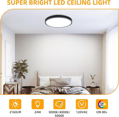 Hlite 6pack 12 inch Flush Mount LED Ceiling Light Fixtures, 24W 2400LM Super Slim, 3CCT Selectable (3000K/4000K/5000K), for Kitchen, Bedroom (Black)