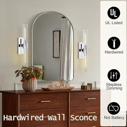 Nickel Bathroom Vanity Light, 2-Light Bathroom Wall Sconce Over Mirror, Chrome Vanity Lights for Bathroom, Dimmable Vanity Sconce with Glass Tube, Indoor Linear Wall Sconce for vertical and horizontal