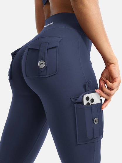 YEOREO CoreFlex Women Workout Flare Leggings with Pockets Hidden Scrunch High Waisted Cargo Gym Yoga Leggings Navy L