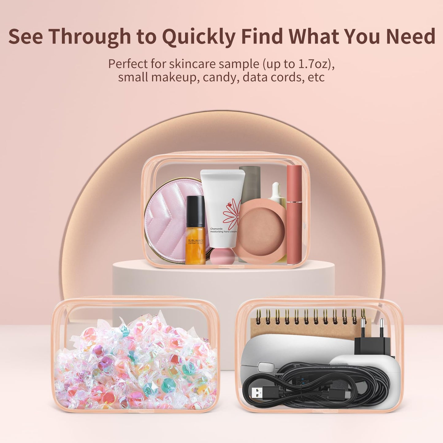 TISRATOK 12 PCS Clear Makeup Bag for Women with Zipper, TSA Approved Toiletry Pouch, Cosmetic Bag Bulk for Travel Organizer Essentials -Orange-pink, Small