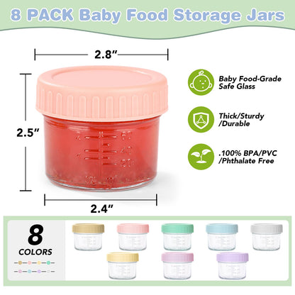 RowinsyDD 8 Pack Glass Baby Food Storage Containers, 4 oz Leakproof Baby Food Jars with Lids, Small Glass Food Containers for Infant Baby, Freezer Safe