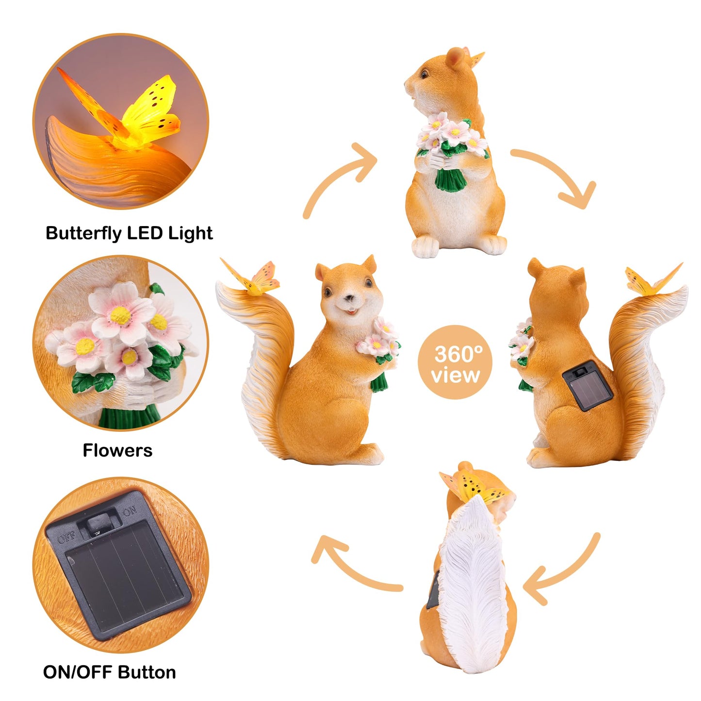 Attivolife Solar Squirrel Garden Statue Light, Outdoor Decor Figurines with Butterfly, Yard Patio Balcony Lawn Home Decor Sculpture Ornaments, Mother's Day Birthday Gift for Mom Grandma