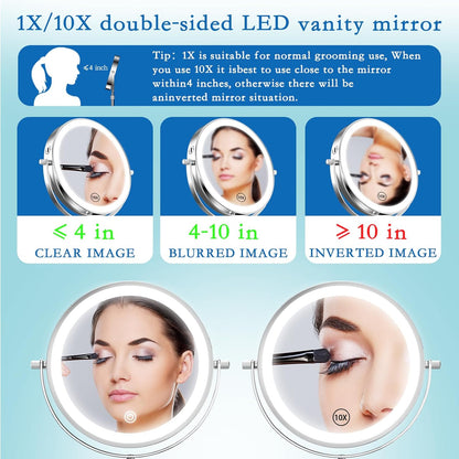 Vanity Mirror with Lights 7" Rechargeable 1x/10x Lighted Makeup Mirror Adjustable Height Double Sided Mirror with Lights 360°Rotating Makeup Mirror