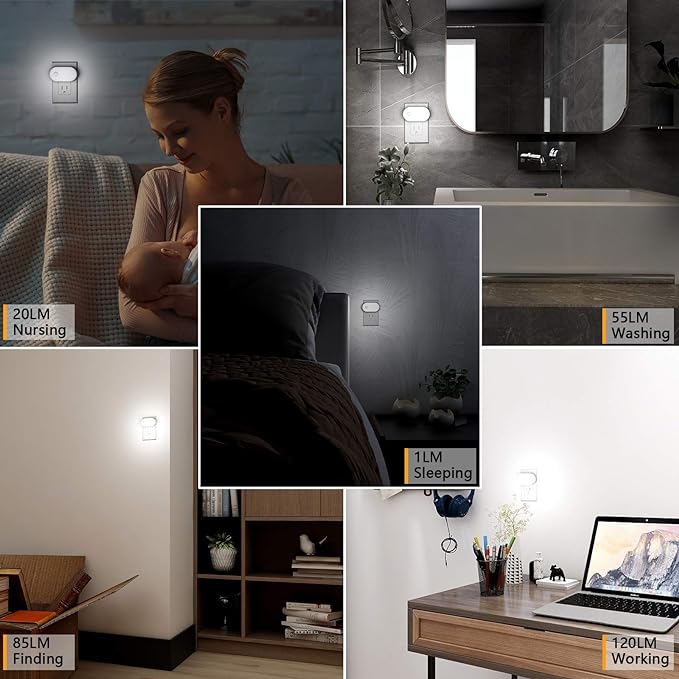 Lyridz Plug in Night Light with Motion Sensor, 120LM Superior Bright Smart Mini LED Nightlight, Cool White with Stepless Adjustable Brightness for Bathroom, Bedroom, Kitchen, Stairs, Hallway, 2 Pack