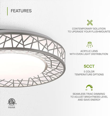 ASD 12 Inch LED Flush Mount Ceiling Light Fixture for Bedroom, 20W 1130LM 5CCT 2700K-5000K, Triac Dimmable Lights, Dining, Living Room, Kitchen Lamps, Modern Home Lighting Fixtures, Nickel, ETL