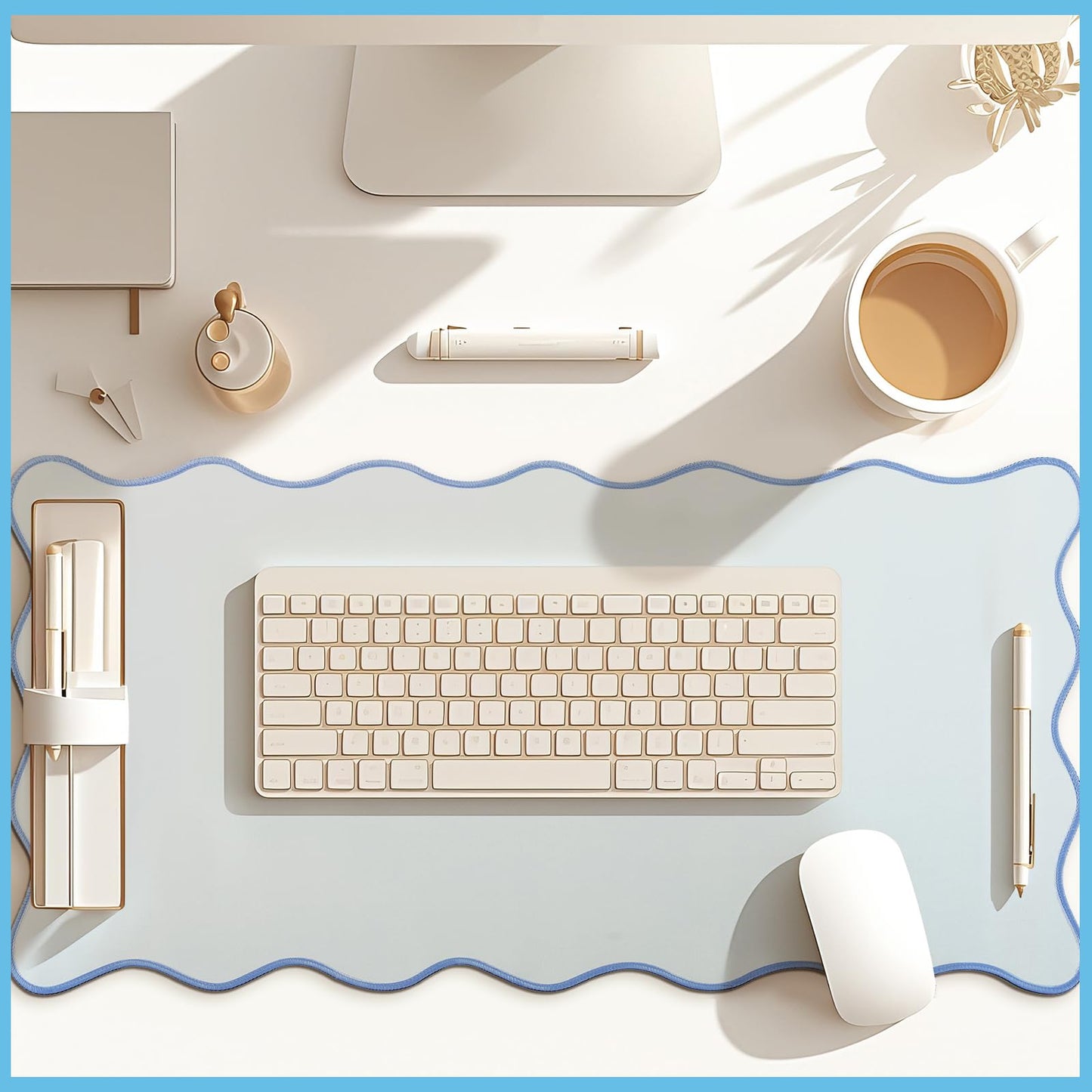 Hahafelt Scalloped Desk Mat Large Scalloped Piping Cute Desk Mat Aesthetic Preppy Table Pad Large Nonslip Pad with Edge Stitching Waterproof Gaming(Blue,31.5 x 15.75 Inches)