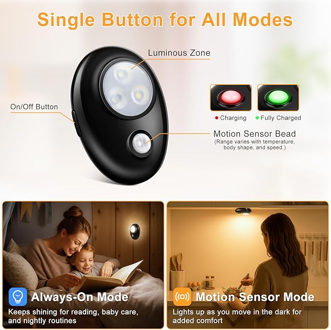 Motion Sensor Puck Lights, 3 Color Temps Dimmable LED Closet Light, Wireless USB Magnetic Cabinet Lights, Black Stick On Motion Sensor Light Indoor for Stair, Kitchen, Shelf (6 Pack)