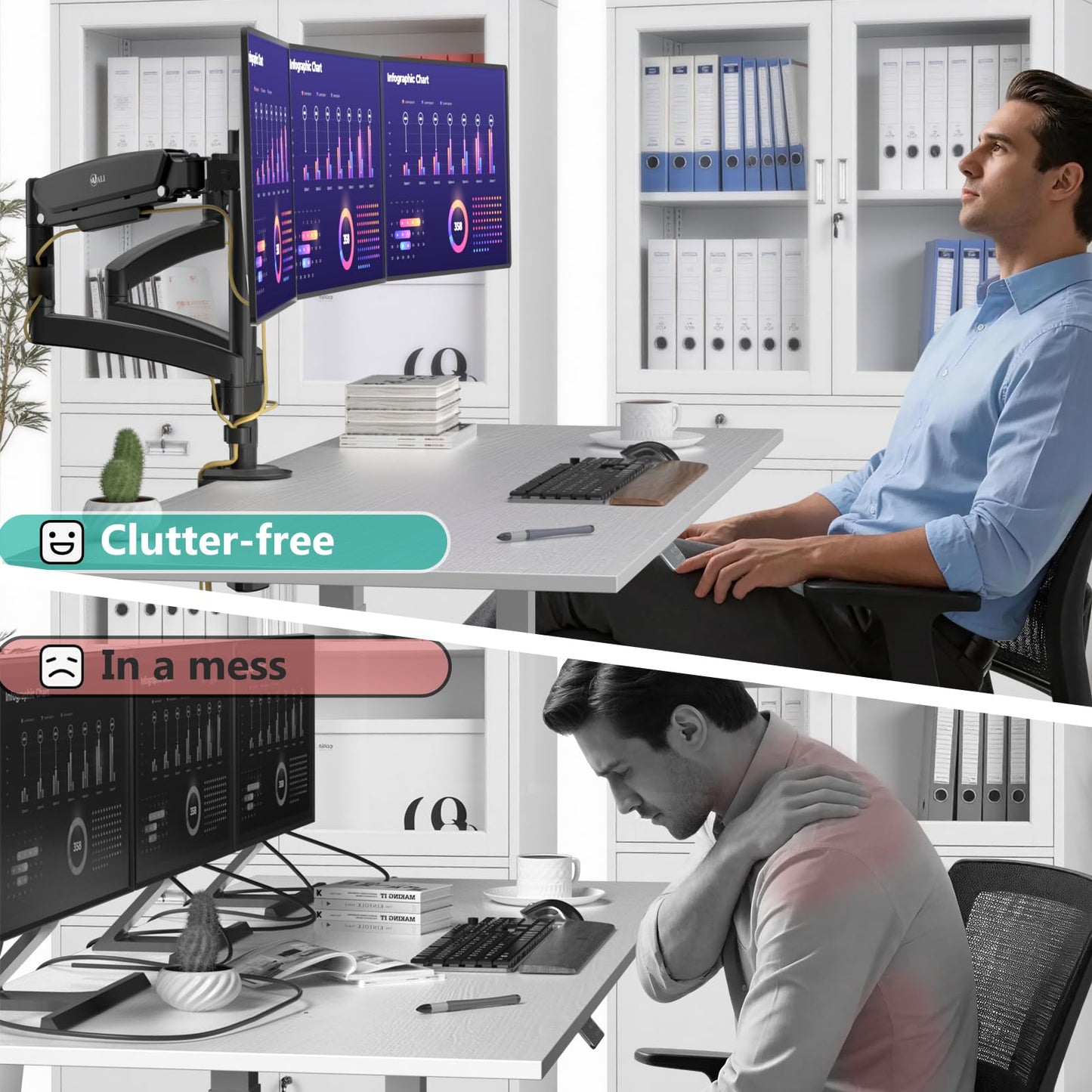 WALI Triple Monitor Mount, 3 Monitor Desk Mount for Screens 13-33 Inch, Multiple Monitors Stand with Tilt, Swivel, Rotation, Mounting Holes 75/100 mm, Black