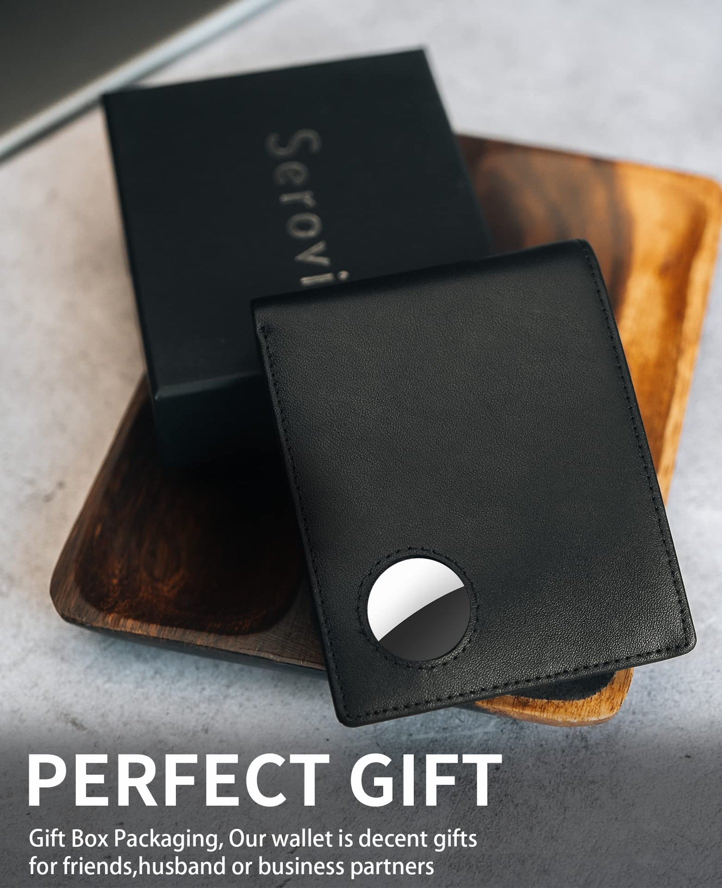 Serovi Mens Wallet with AirTag holder,Genuine Leather Bifold Wallets for Men RFID Blocking With 2 ID Window and 12 Cards Holders Gift Box (Airtag Not included)