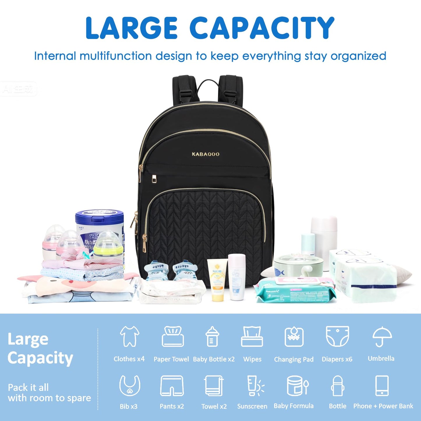 KABAQOO Baby Diaper Bag Backpack, Waterproof Diaper Backpack for Mom & Dad with Changing Pad, Insulated Pockets and Stroller Straps, Baby Shower Gifts for Girls & Boys, Black