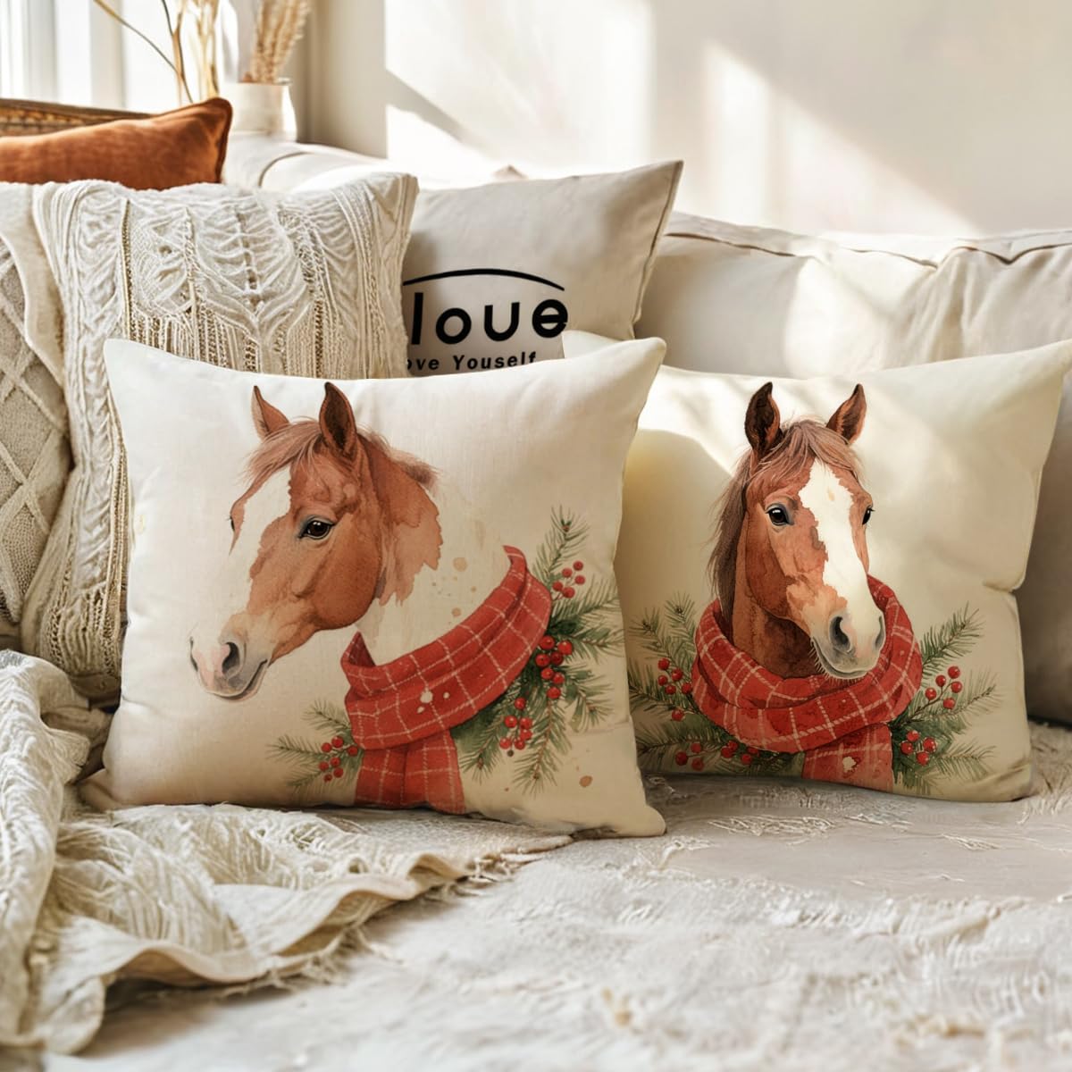 2Pack Christmas Horse Throw Pillowcases with Red Scarf Holly Berries Cushion Cover Winter Holiday Rustic Farmhouse Decorative Pillow Covers 18 x 18 Inches for Seasonal Sofa Couch Porch(Red)