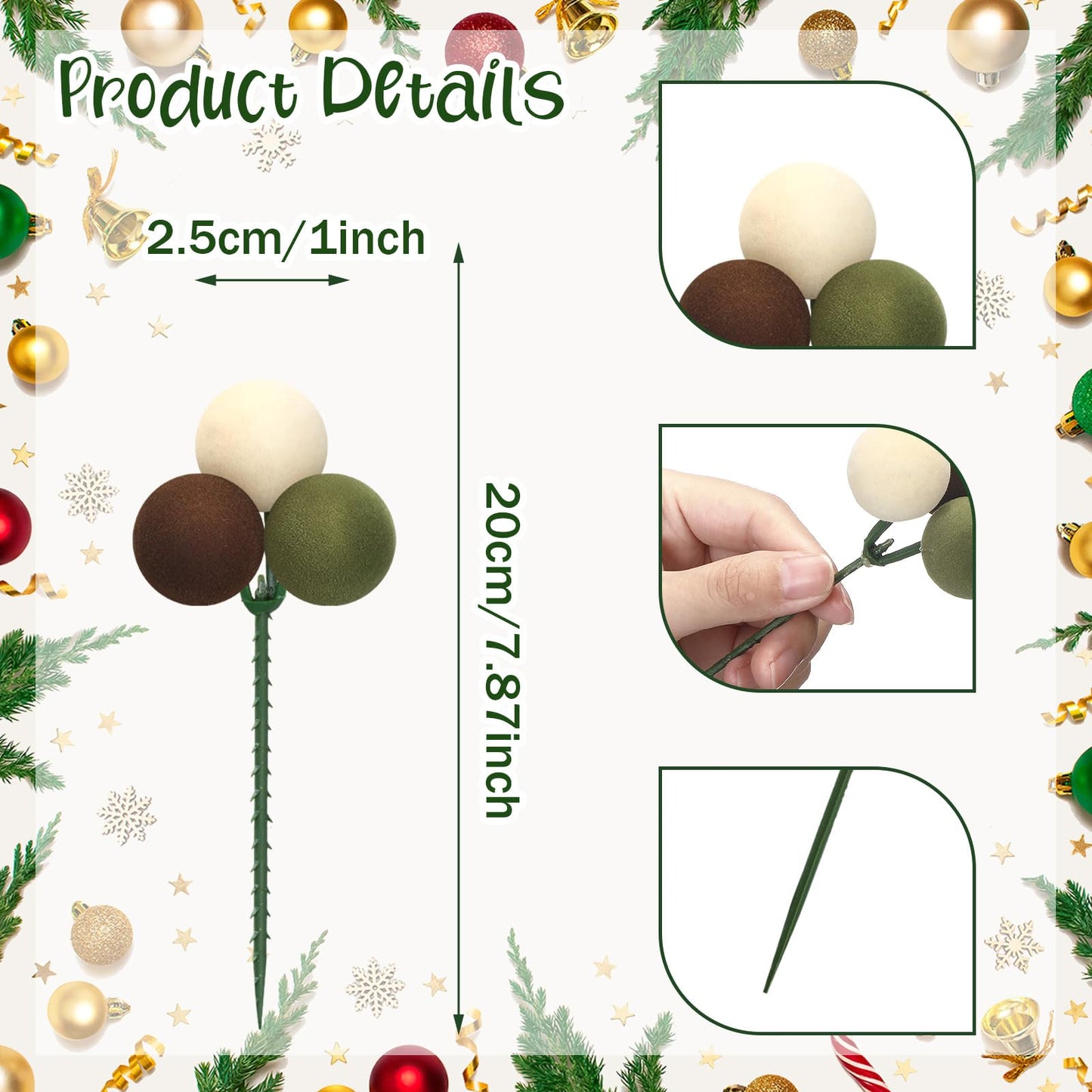 Syhood 12 Set 7.9 Inch Christmas Ball Picks and Sprays Shatterproof Xmas Brown Dark Green Beige Ball Ornaments on Wired Picks for Christmas Tree Vase Wreath Stairs Garland Decoration Supplies