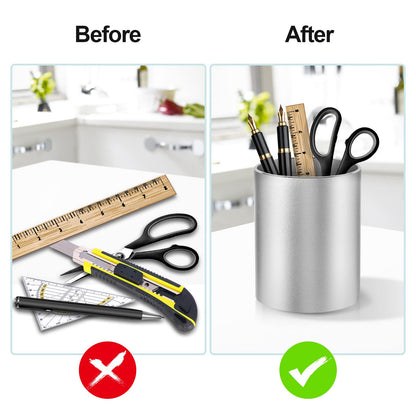 Dopaka Pen Holder Pencil Holder for Desk, Metal desk pen holder, Makeup Brush Holder, pencil cup, pen organizer for desk, for Office, School, Home, and Kids 3.9×3.14inch（Silver）