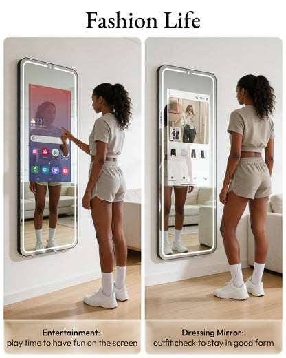 HARZHI 32 Inch Smart Gym Mirror, HD Touch Screen, Android OS, No VIP Fees, Voice Control, Music Sync LED Light Strip, Perfect for Home Gym/Yoga
