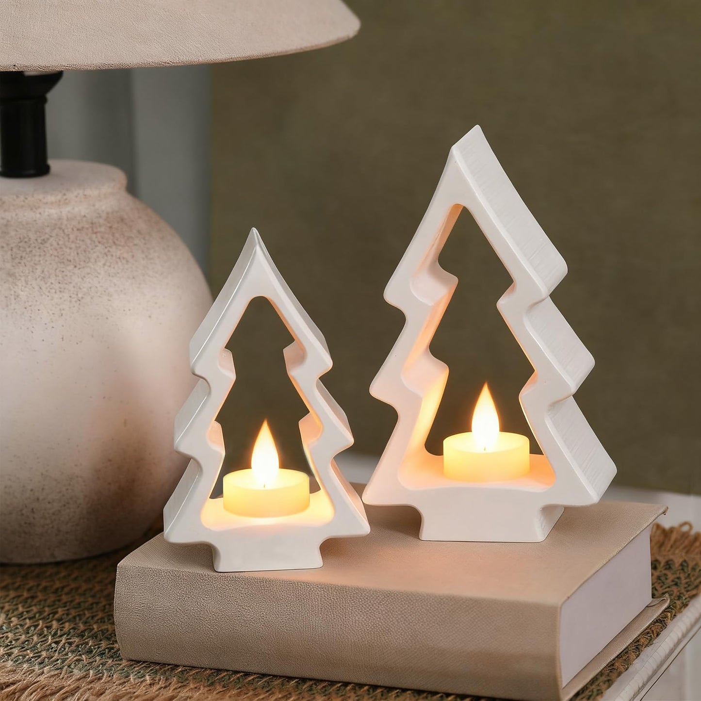 AceOrbit 2 Pcs Christmas Tree Candle Holders White Wooden Tealight Holders Wooden Farmhouse Rustic Candle Stick Xmas for Christmas Table Centerpiece Mantel Decor
