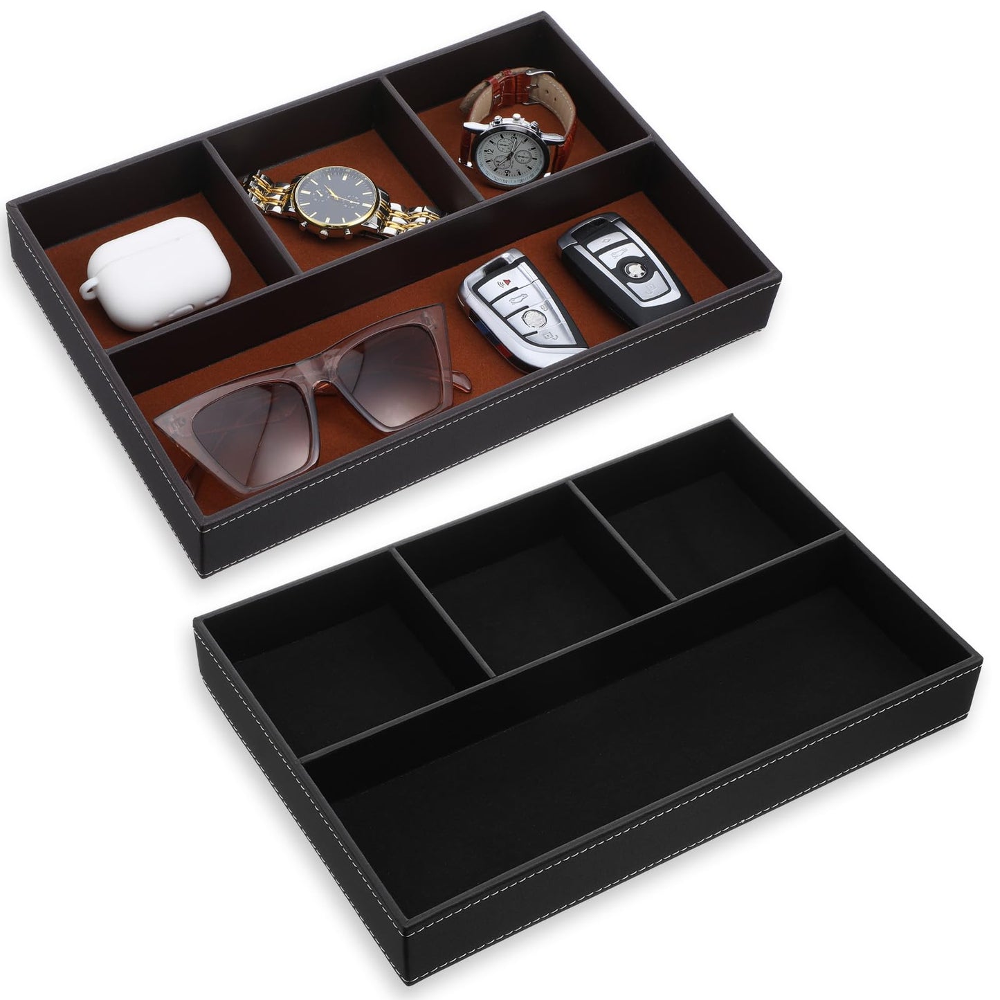 Kegeeei 2 Pack Leather Valet Tray for Men - Premium PU Leather Desk & Nightstand Organizer, Stackable Storage Tray for Keys, Wallet, Watch, Phone, Jewelry in Black & Brown