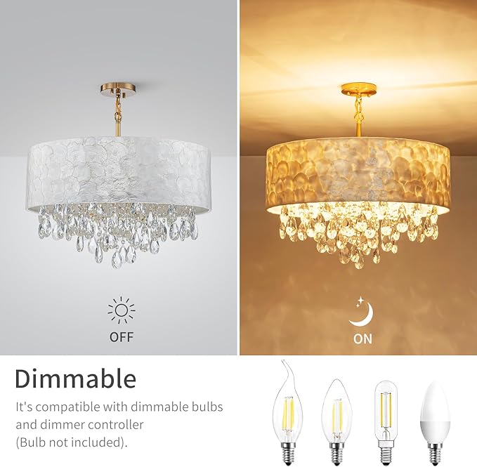 6-Lights Drum Capiz Shell Crystal Chandeliers, Coastal Style Pendant Light Fixture for Dining Room, Living Room, D24 x H23~71 inch(Adjustable), Shell Lampshade & Gold Finish