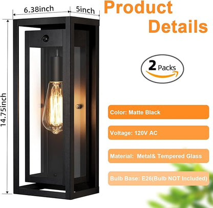 15" Motion Sensor Outdoor Wall Lights, 2 Pack Large Dusk to Dawn Outdoor Lights, 3 Lighting Modes Waterproof Anti-Rust Wall Sconces, Exterior Lighting Fixtures for Front Door, Porch, Garage