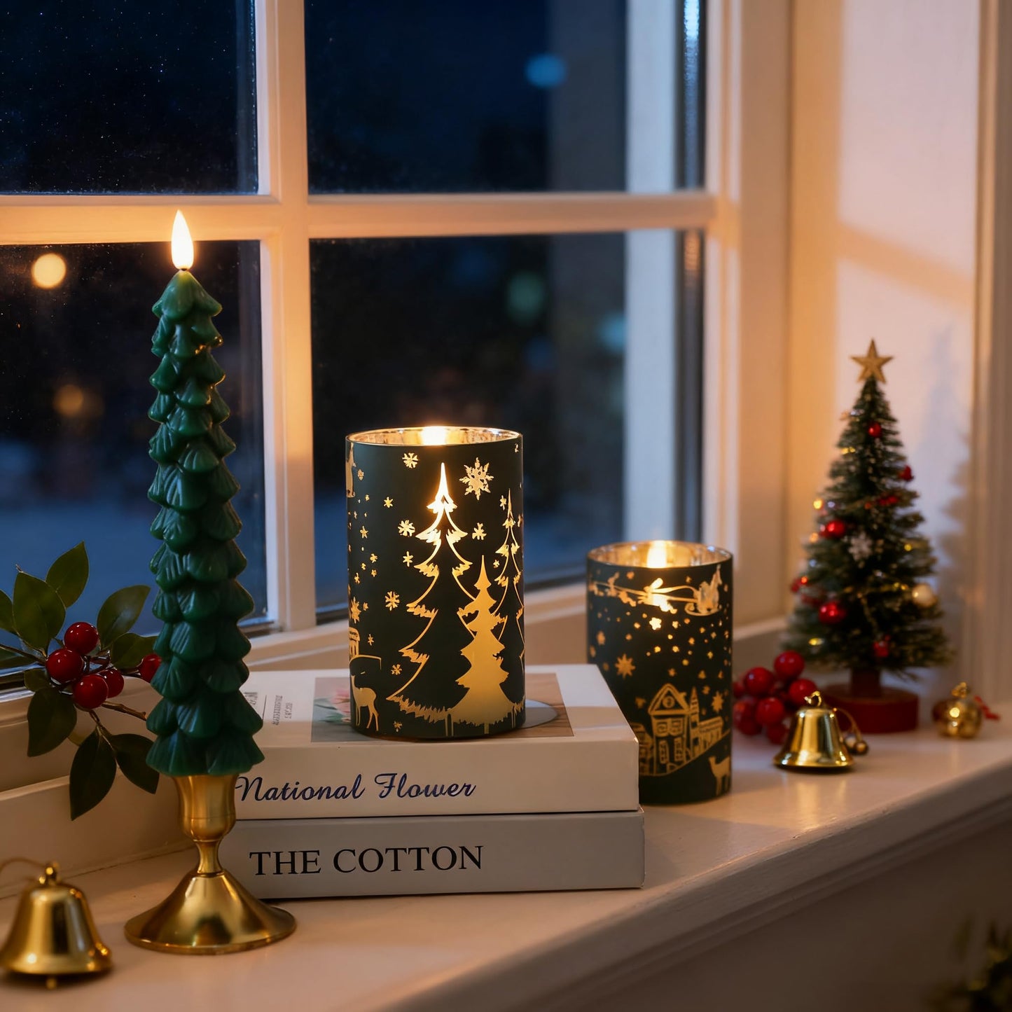 MUMCHASI Chritsmas Tree Flameless Candles, Real Wax Christams LED Taper Candles, Battery Operated Candles, Flickering Candlesticks for Home Christmas Decor Gifts, Green, Remote Control