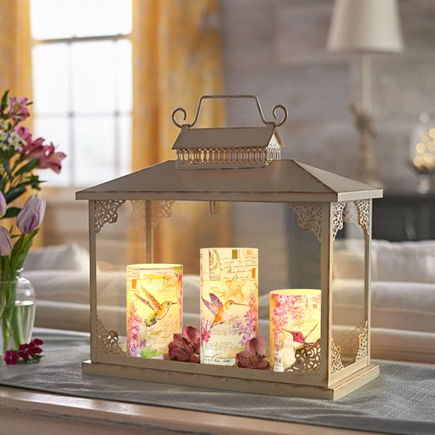 Immeiscent Flameless Candles Pink Hummingbird Floral Battery Operated Remote Timer Flickering LED Real Wax Pillar Candle Warm Light Spring Summer Decor for Home Fireplace Christmas Holiday Gifts