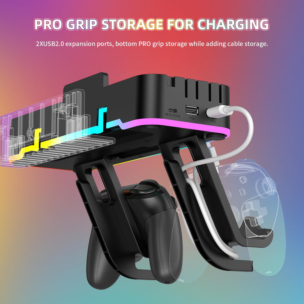 RGB Switch Wall Mount for Joy-Con Charger, Switch Holder for Nintendo Switch 1/ OLED with Switch Organizer, Switch Accessories with 15 Light Mode, 4 Controller Charger, 2 USB Port, 10 Card Slot