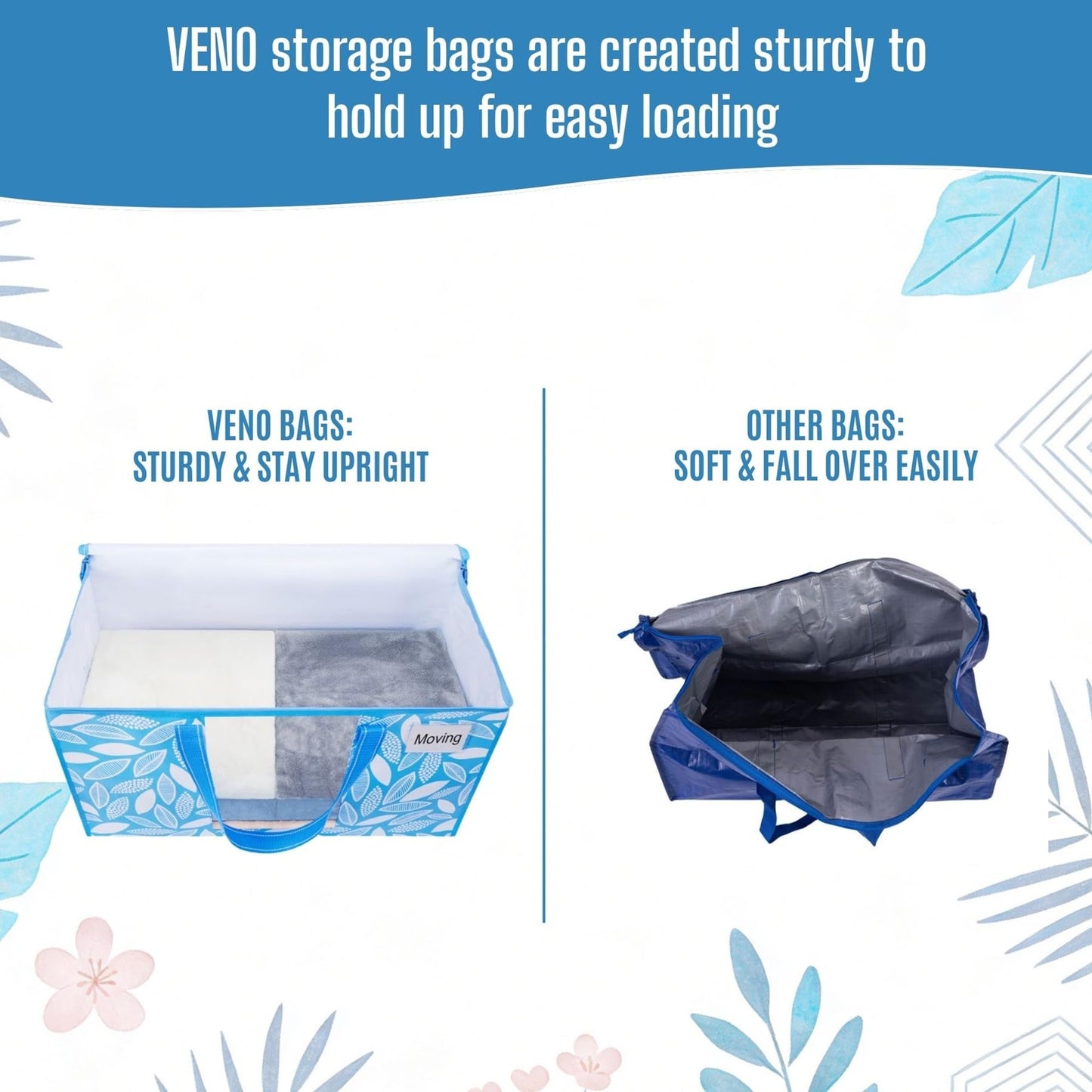 VENO 4 Pack Heavy Duty Moving Bags, Clothes and Comforter Storage Bags with Clear Window, College Dorm Essentials Packing Supplies, Foldable Boxes Alternative (Spring Breeze, 4 Pack)