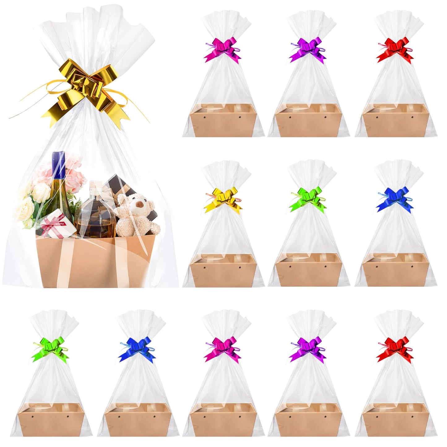 Teling 56 Pack Large Christmas Gifts Basket Bulk 11x7.1x5.5 Inch Empty Gift Baskets to Fill with Handles Clear Cellophane Bags Pull Bows Present Boxes for Xmas Holiday Party Favors Goodie Packaging