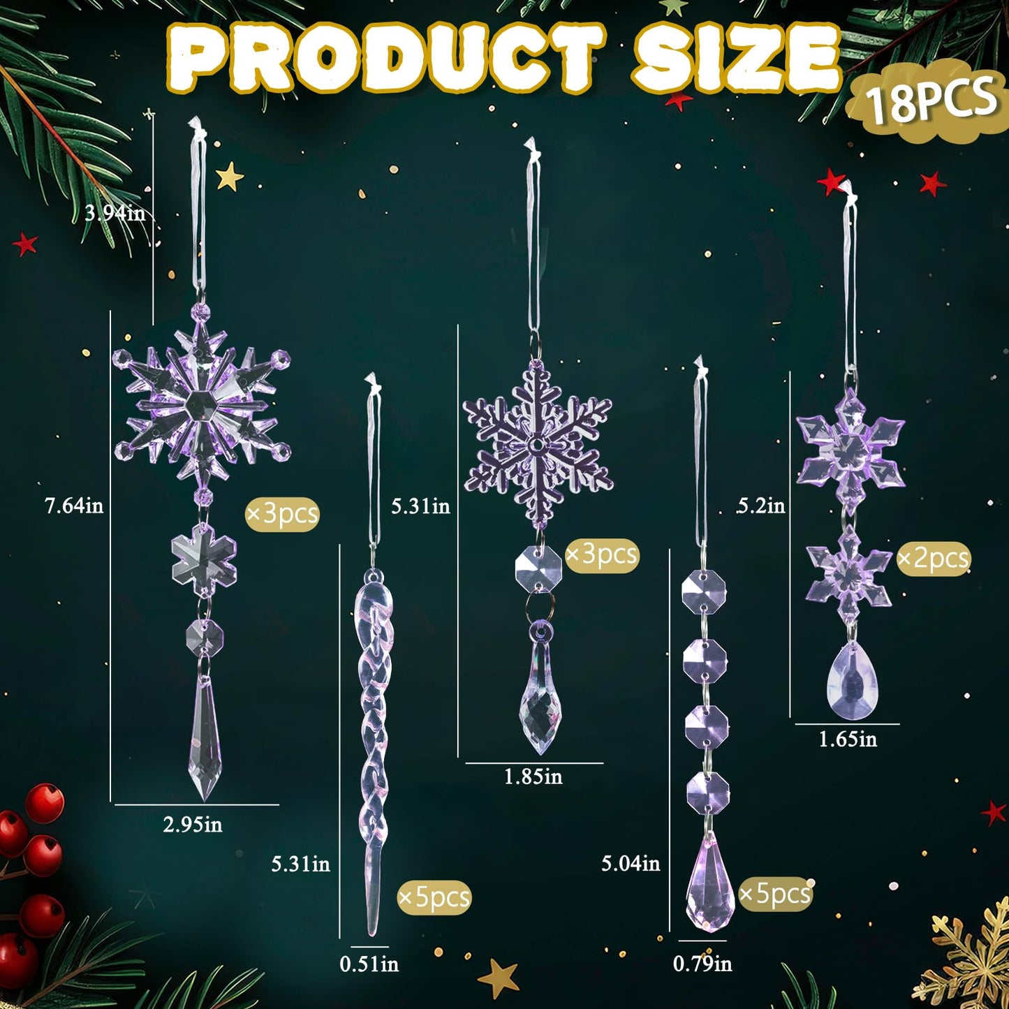 18pcs Crystal Christmas Ornaments for Christmas Tree Decorations-Purple Hanging Acrylic Snowflake and Icicle Ornaments with Drop Pendants for New Year Party Decorations Supplies
