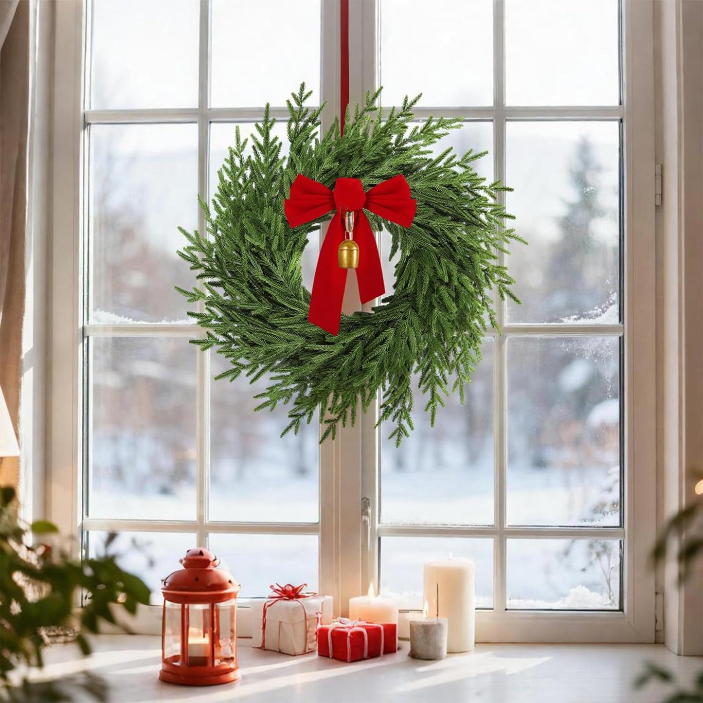 AMORISE 26" Christmas Wreath for Front Door, Artificial Wreath with Bow and Bell,Real Touch Pine Winter Wreath Christmas Decoration for Porch,Window,Wall,Thanksgiving Day Harvest Festival